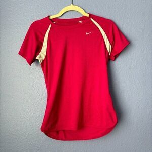 Women's Nike Dri-Fit Running Shirt Short Sleeve Tee Pink White Stripe Small GUC